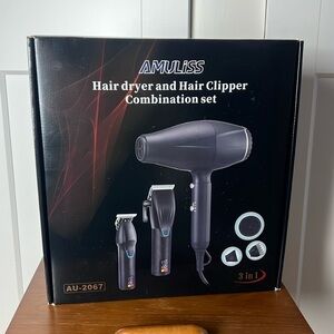 NWT Amuliss hair dryer and hair clipper combo full barber set with attachments